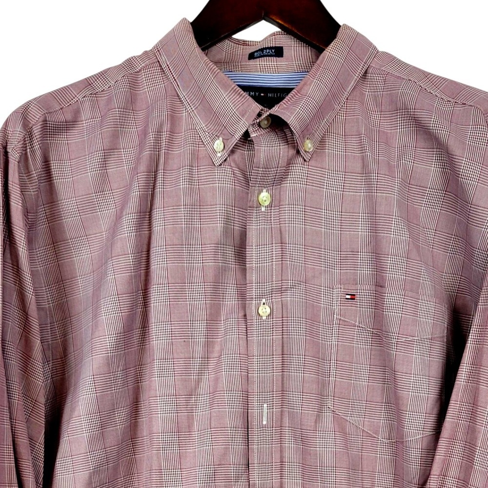 Tommy Hilfiger Mens XL Burgundy Plaid Button Down Long Sleeve Custom Fit Shirt